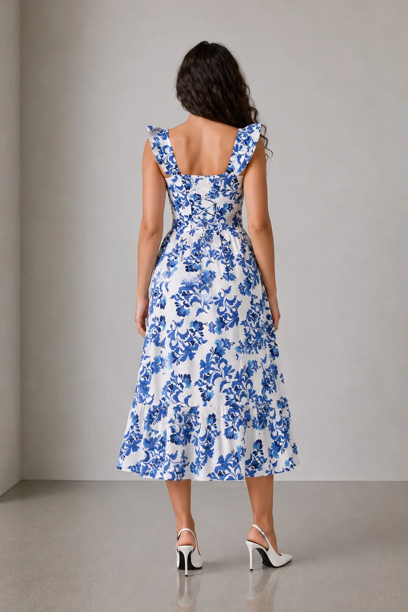 Floren|Cotton Floral Print Fit Flare Midi Dress