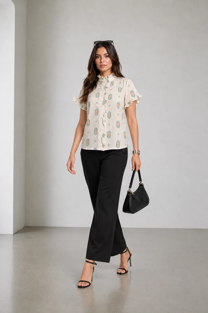 Elori|Ruffle Collar Short Sleeve Shirt
