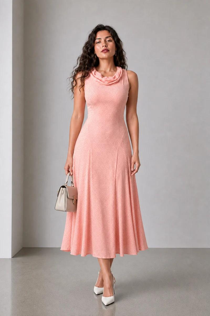 Varel|Viscose Cowl Neck Panelled Midi Dress