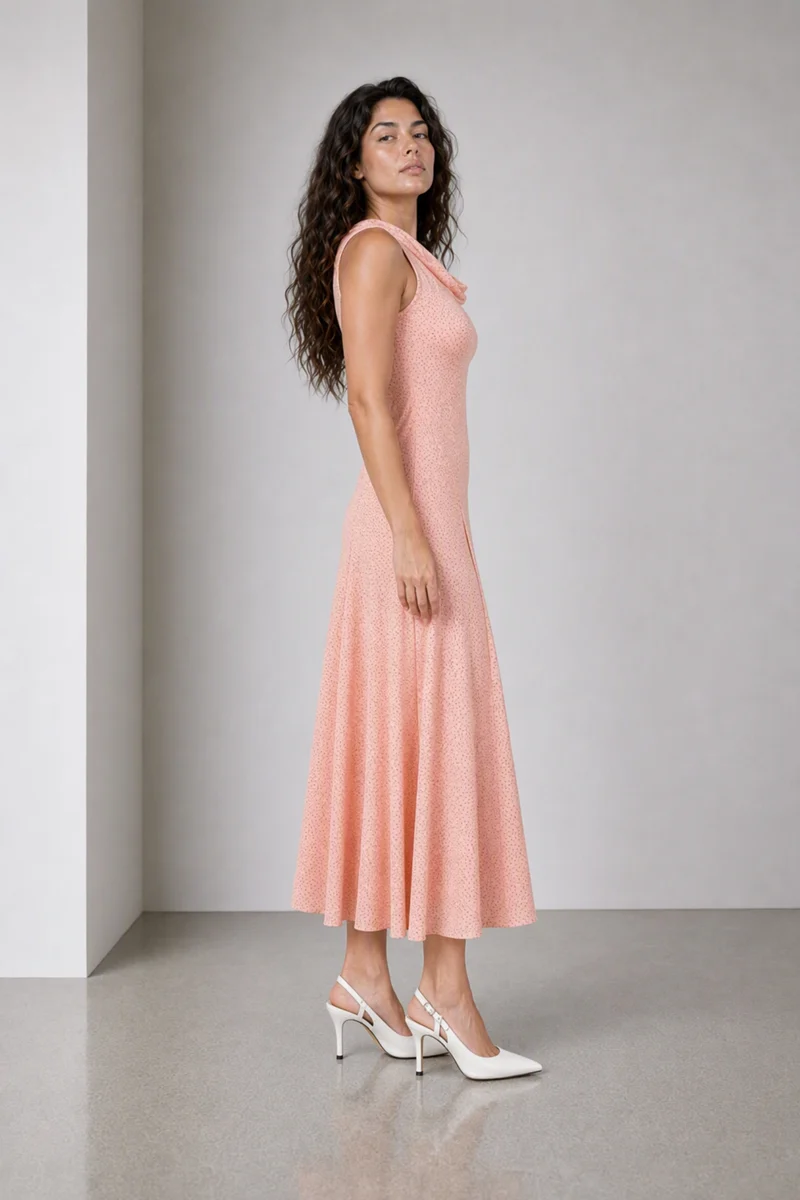 Varel|Viscose Cowl Neck Panelled Midi Dress