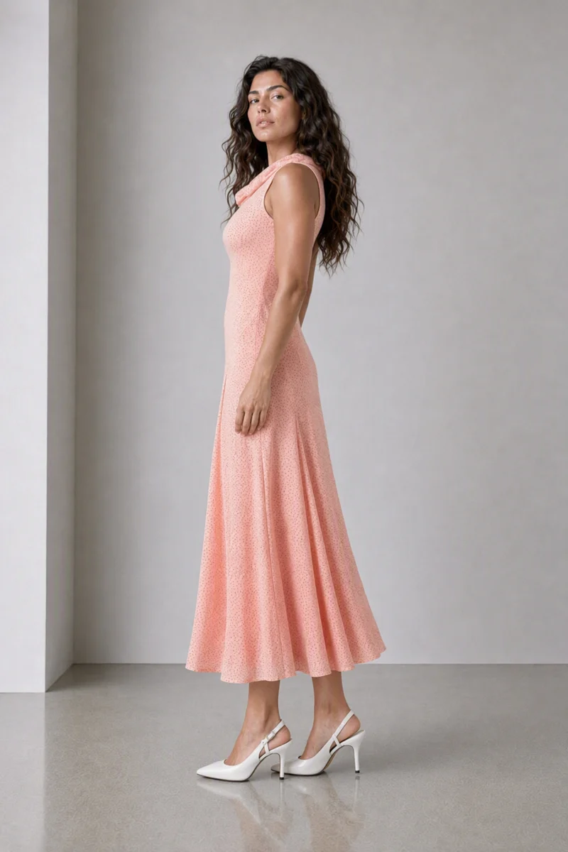 Varel|Viscose Cowl Neck Panelled Midi Dress