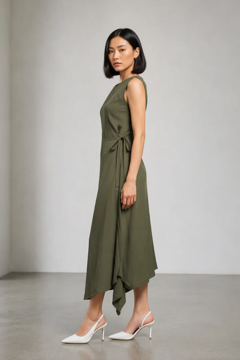 Vireoa|Viscose Asymmetric Wrap Midi Dress