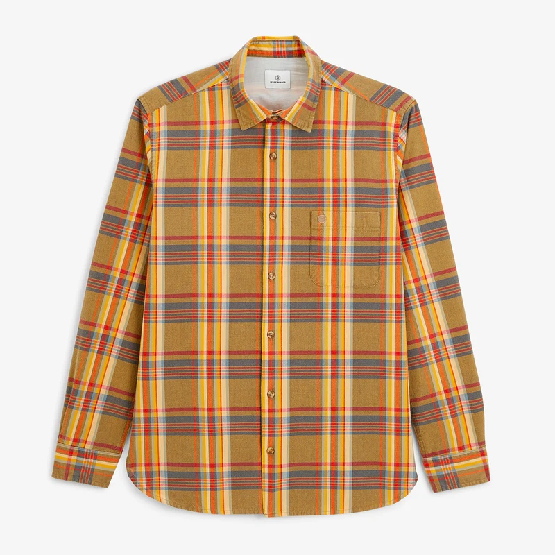 Chemise manches longues coton chevron carreaux jaune moutarde