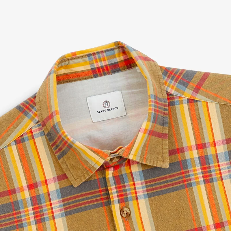 Chemise manches longues coton chevron carreaux jaune moutarde