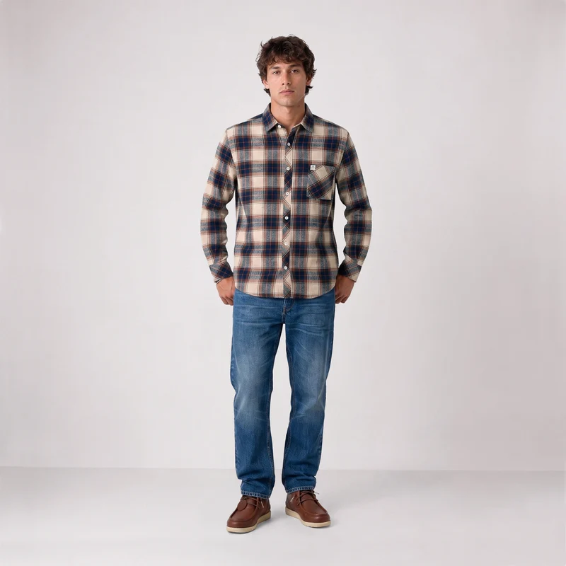 Chemise manches longues coton à carreaux beige SBPLAY