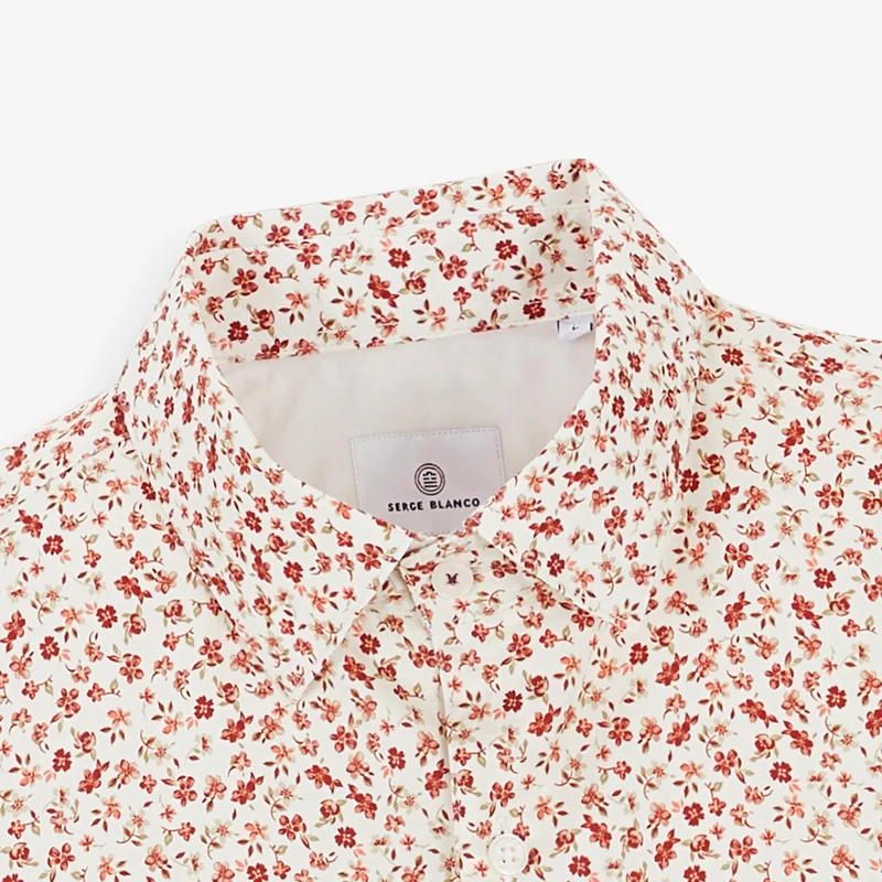Chemise manches longues coton à fleurs rouge cerise