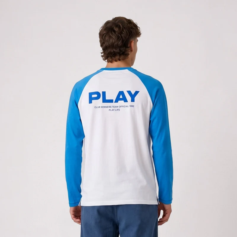 T-shirt manches longues imprimé coton blanc cassé et bleu roi SBPLAY