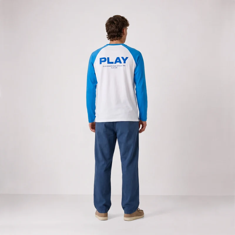 T-shirt manches longues imprimé coton blanc cassé et bleu roi SBPLAY