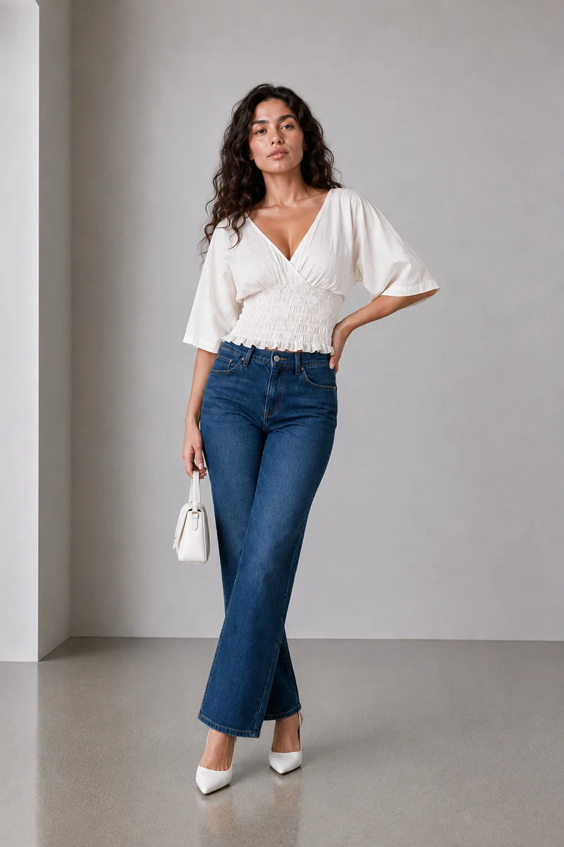 Aisla|Ivory Smocked Waist V Neck Top