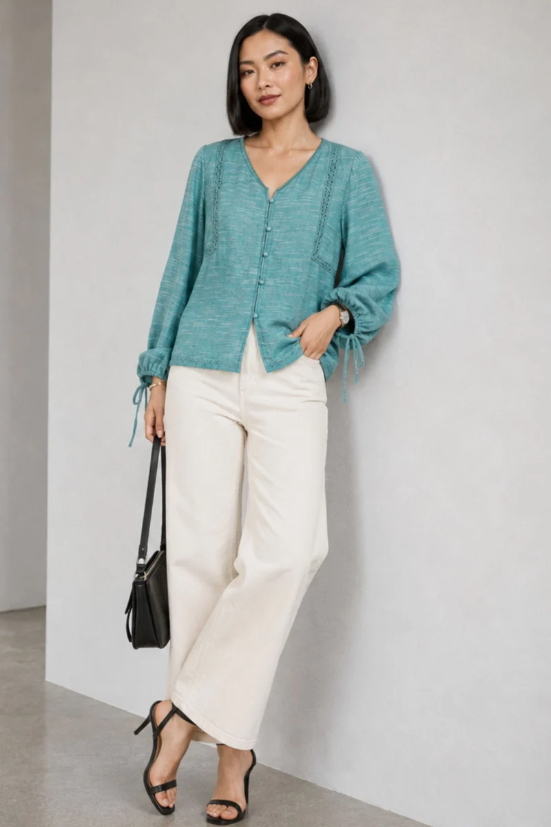 Tessel|Cotton Slub Top With Lace Detail