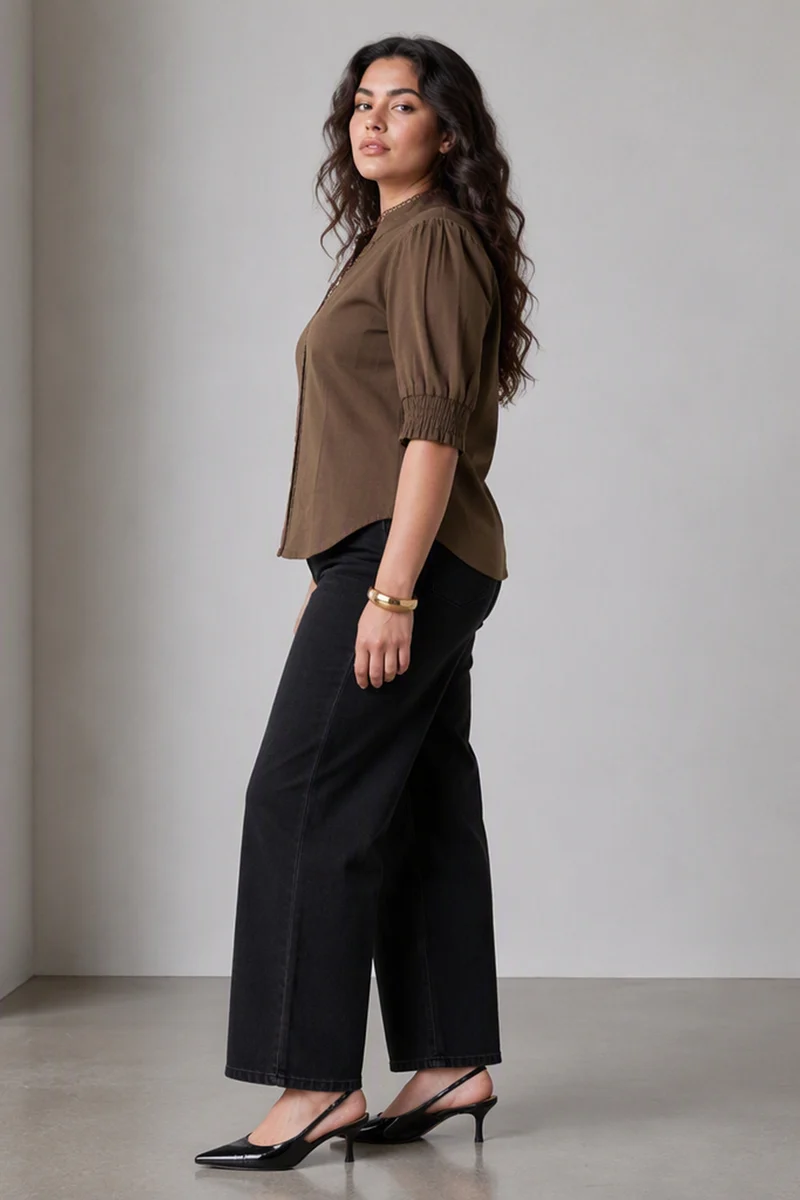 Brena|Brown Cotton Slub Puff Sleeve Shirt