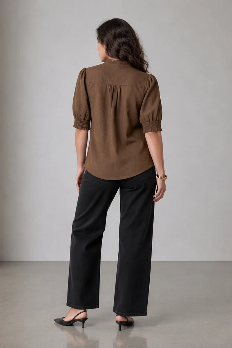 Brena|Brown Cotton Slub Puff Sleeve Shirt
