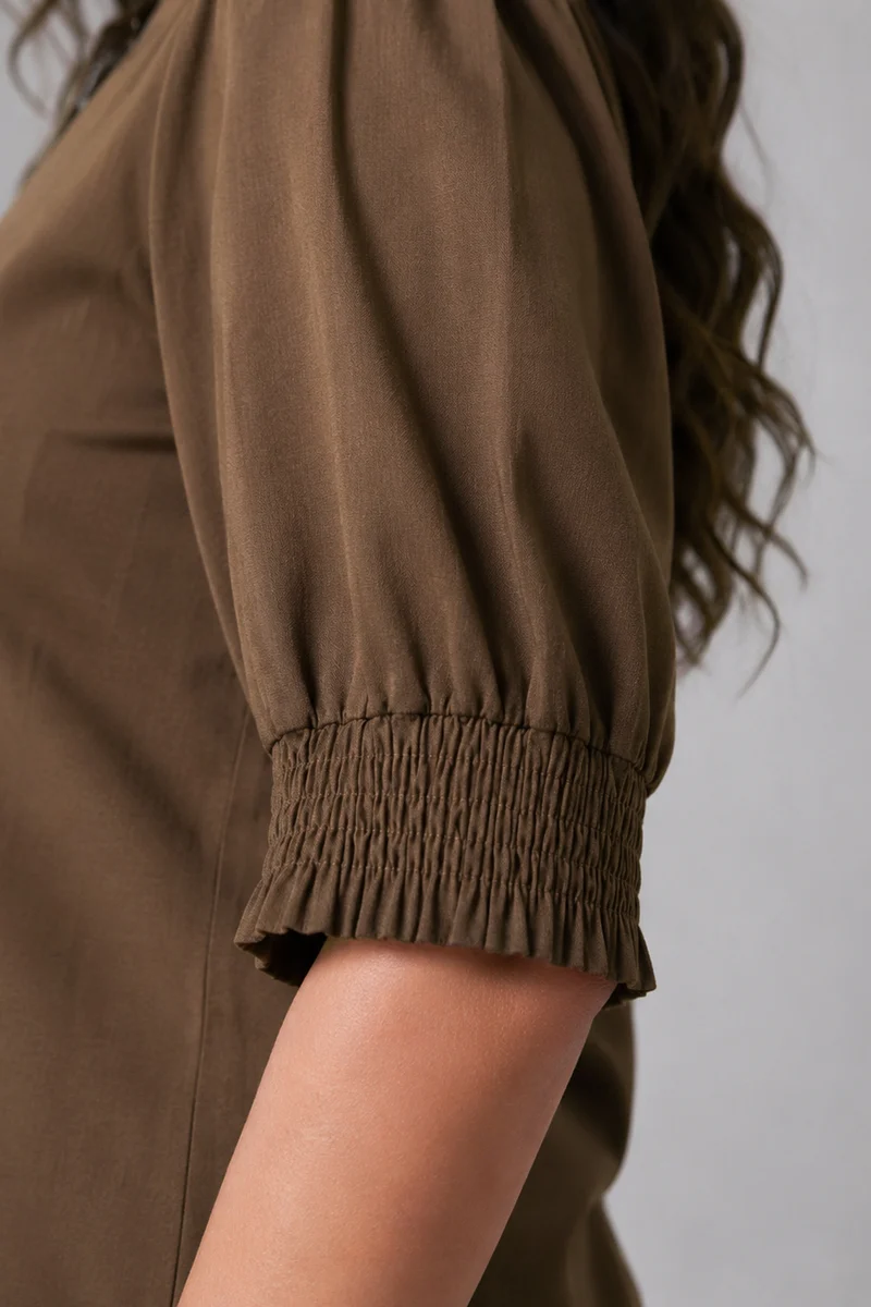 Brena|Brown Cotton Slub Puff Sleeve Shirt