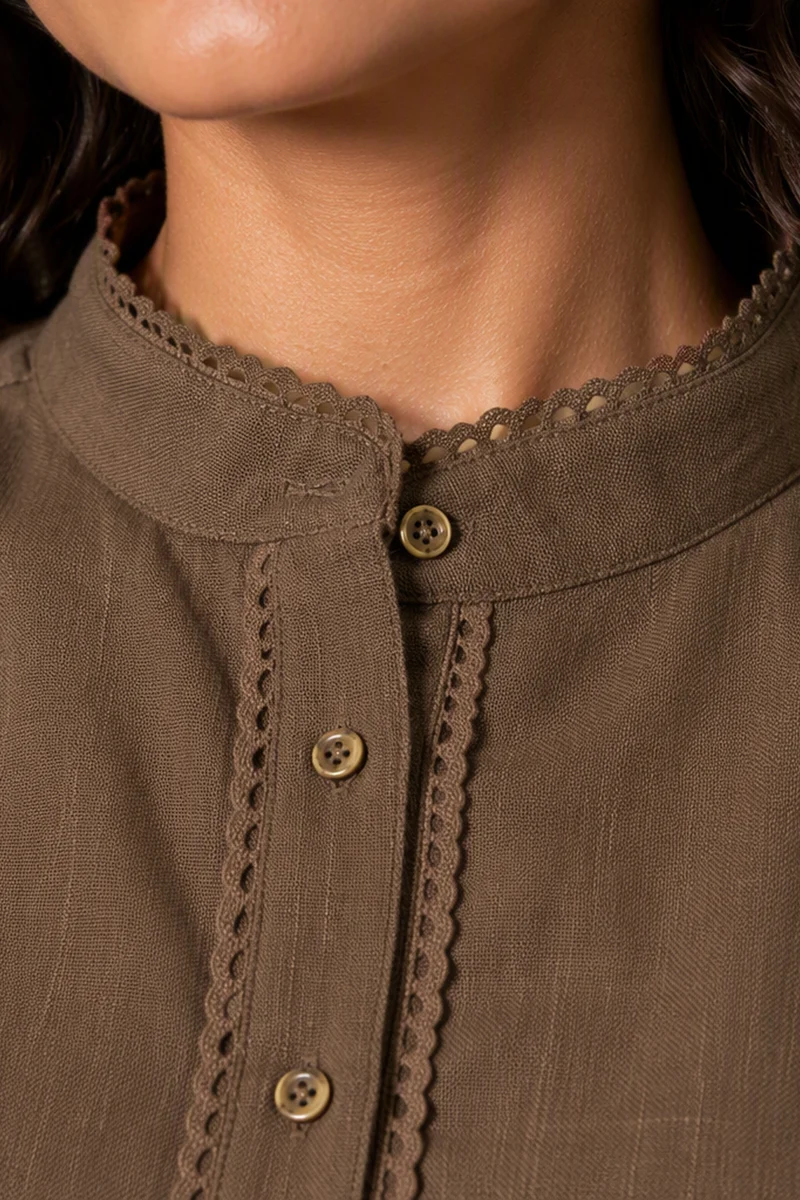 Brena|Brown Cotton Slub Puff Sleeve Shirt