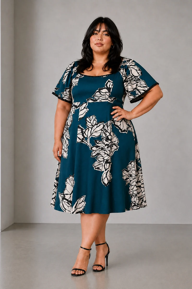 Belva|Viscose Midi Dress With Lace Insert