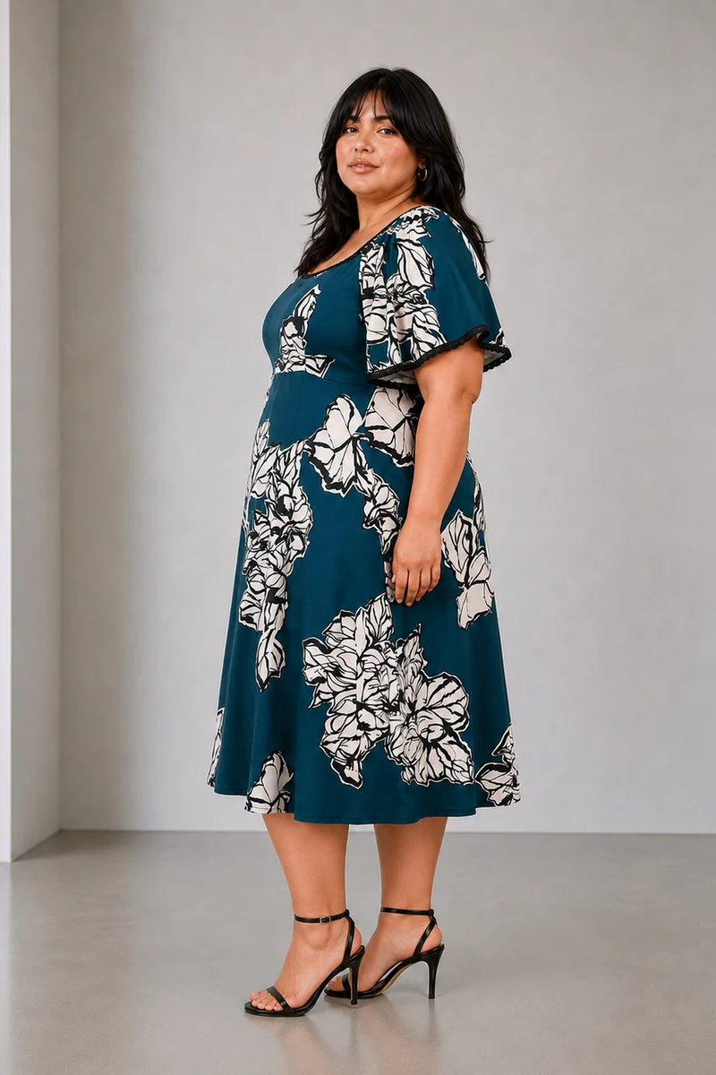 Belva|Viscose Midi Dress With Lace Insert