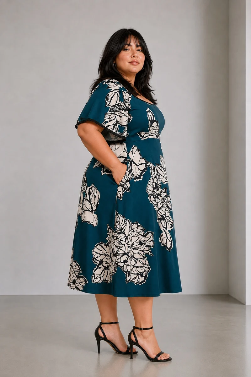 Belva|Viscose Midi Dress With Lace Insert