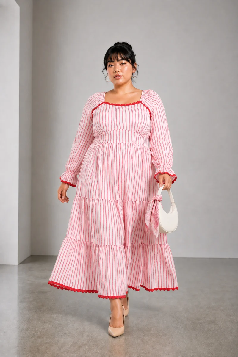 Elvia|Cotton Striped Tier Dress With Lace