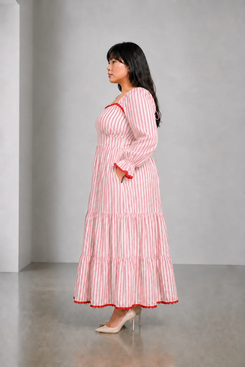 Elvia|Cotton Striped Tier Dress With Lace