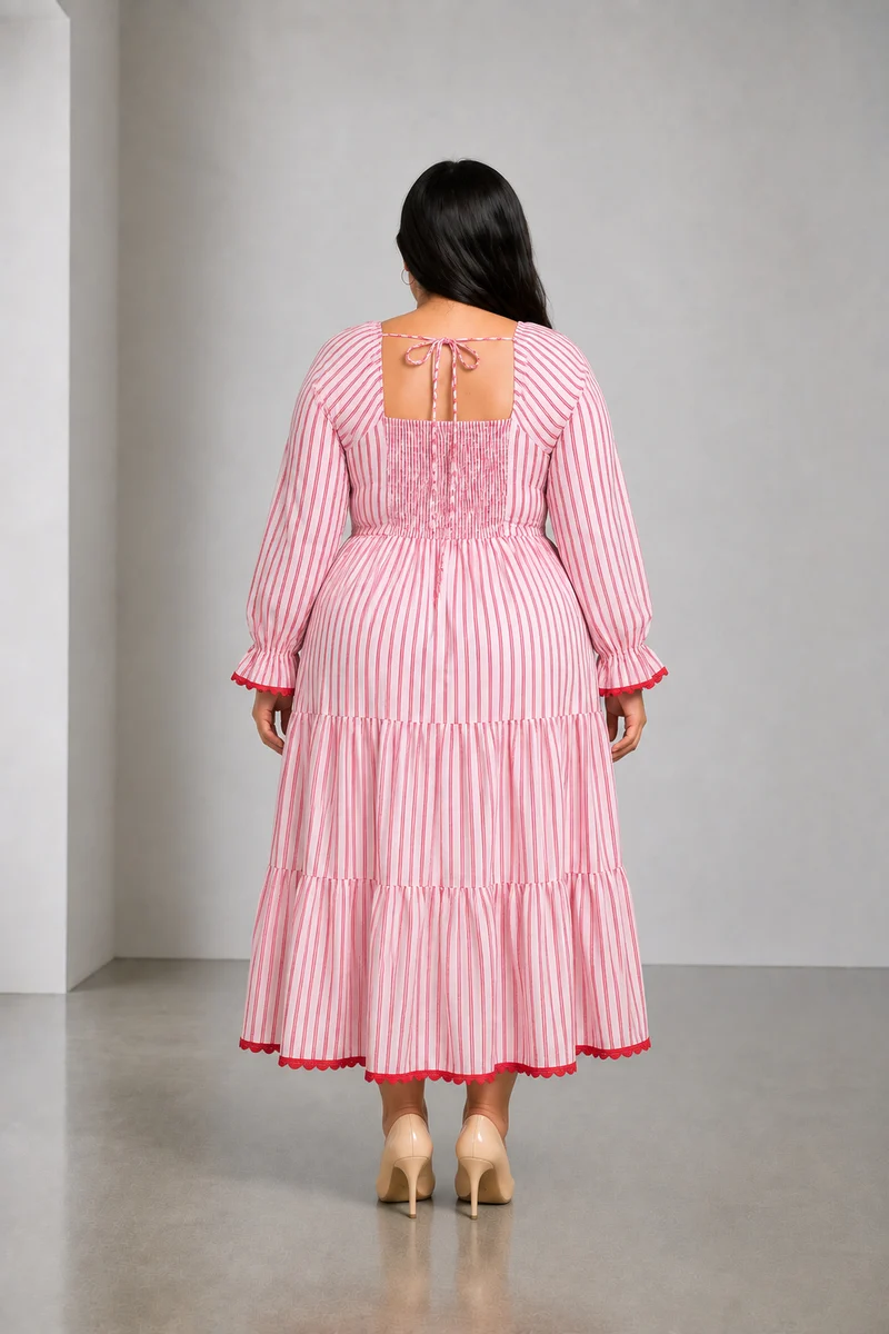 Elvia|Cotton Striped Tier Dress With Lace