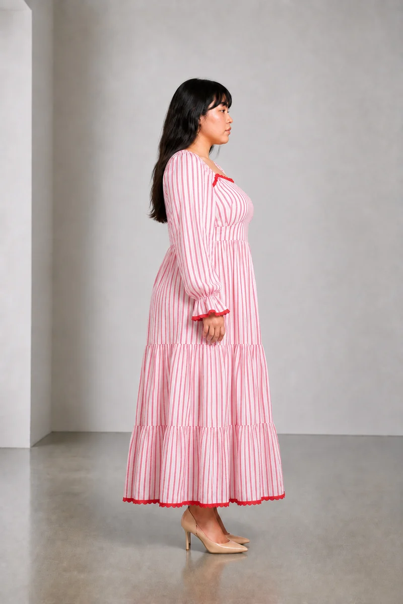 Elvia|Cotton Striped Tier Dress With Lace