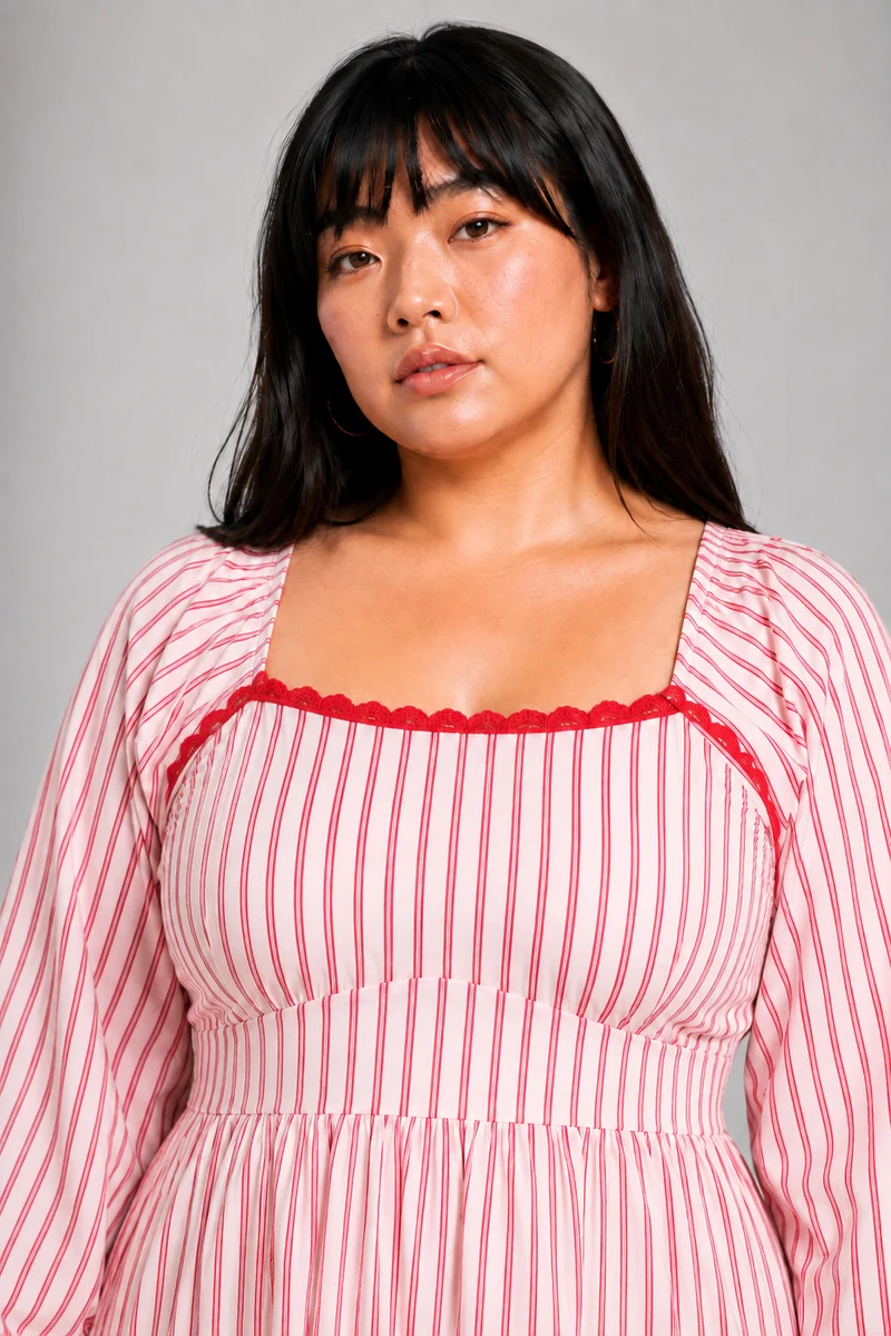 Elvia|Cotton Striped Tier Dress With Lace
