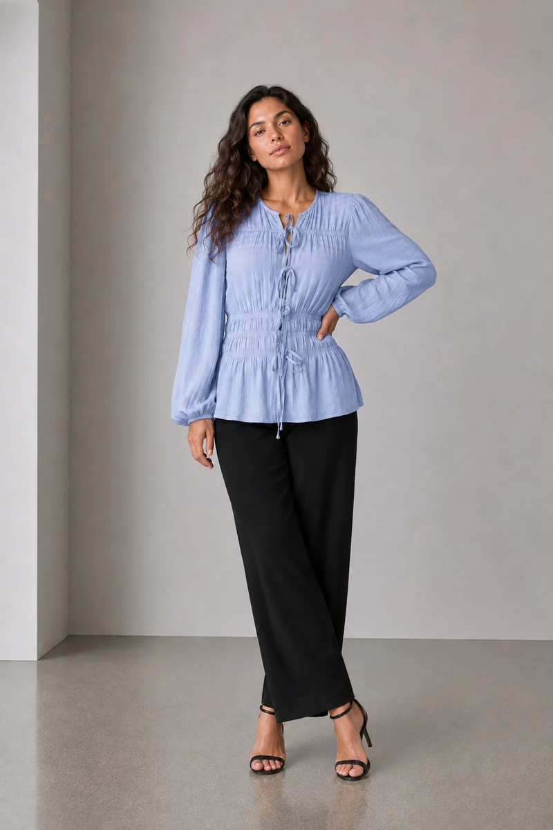 Mevra|Viscose Smocked Waist Full Sleeve Top