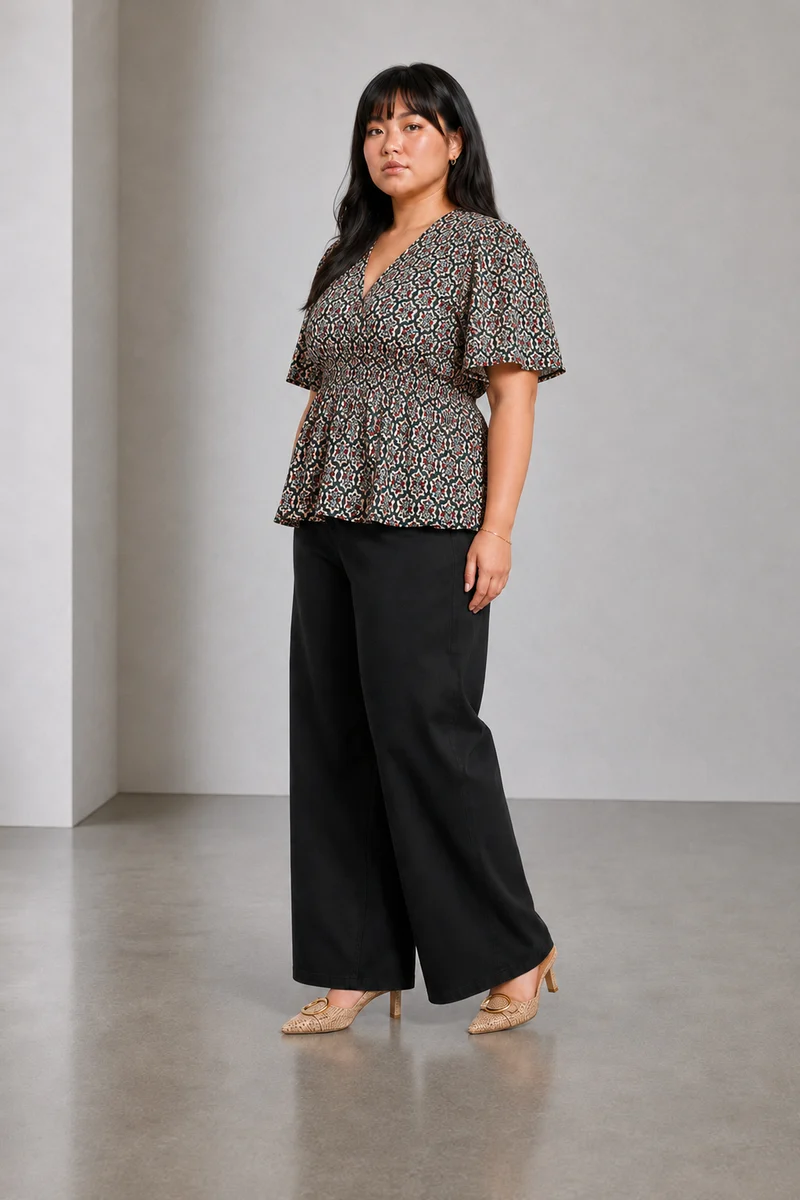Sarel|Viscose V Neck Top With Flared Sleeve