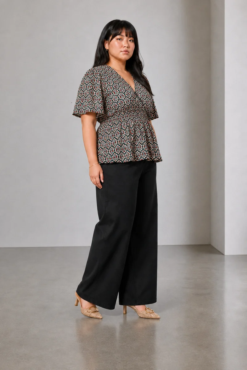 Sarel|Viscose V Neck Top With Flared Sleeve