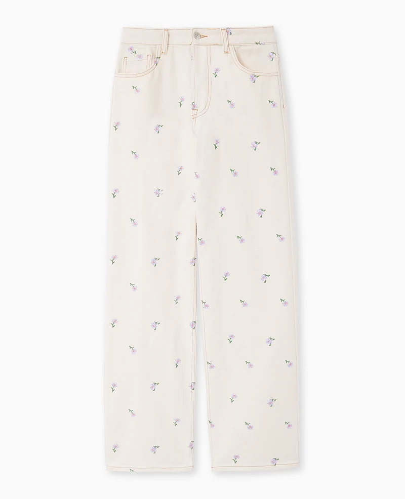 Jean straight taille haute avec broderies fleurs
