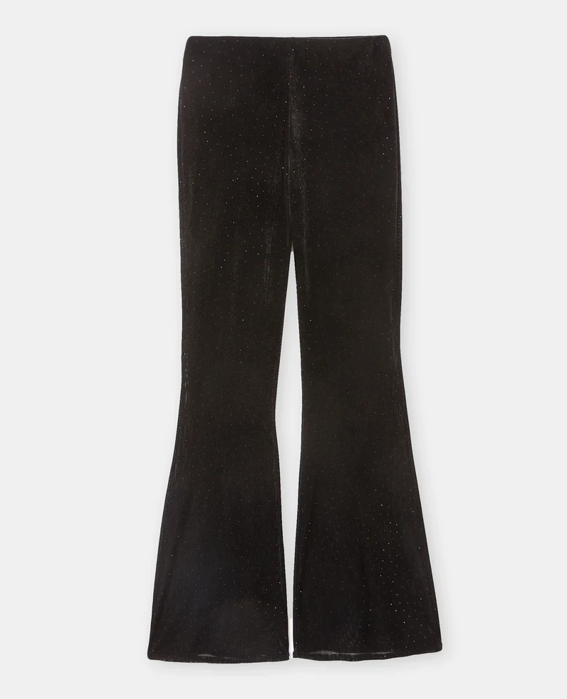 Pantalon flare en résille et velours avec strass