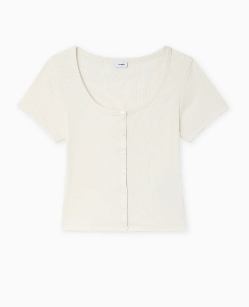 T-shirt court boutonné en maille côtelée