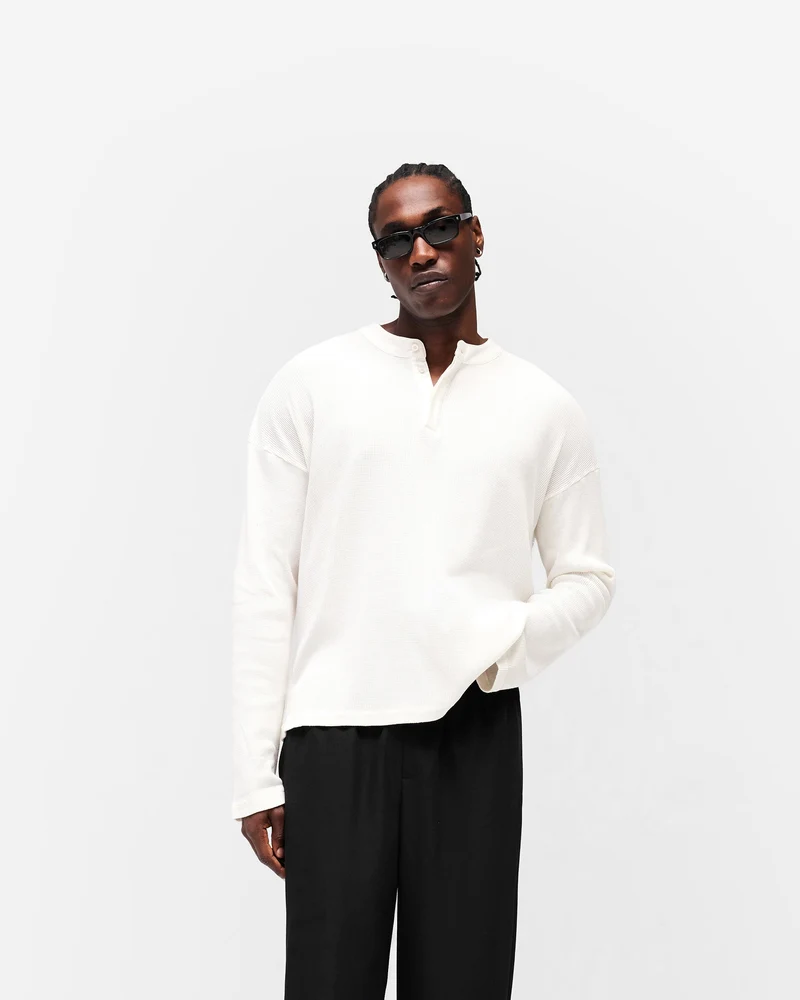 Initial Henley Waffle Long Sleeve T-Shirt - Flat White