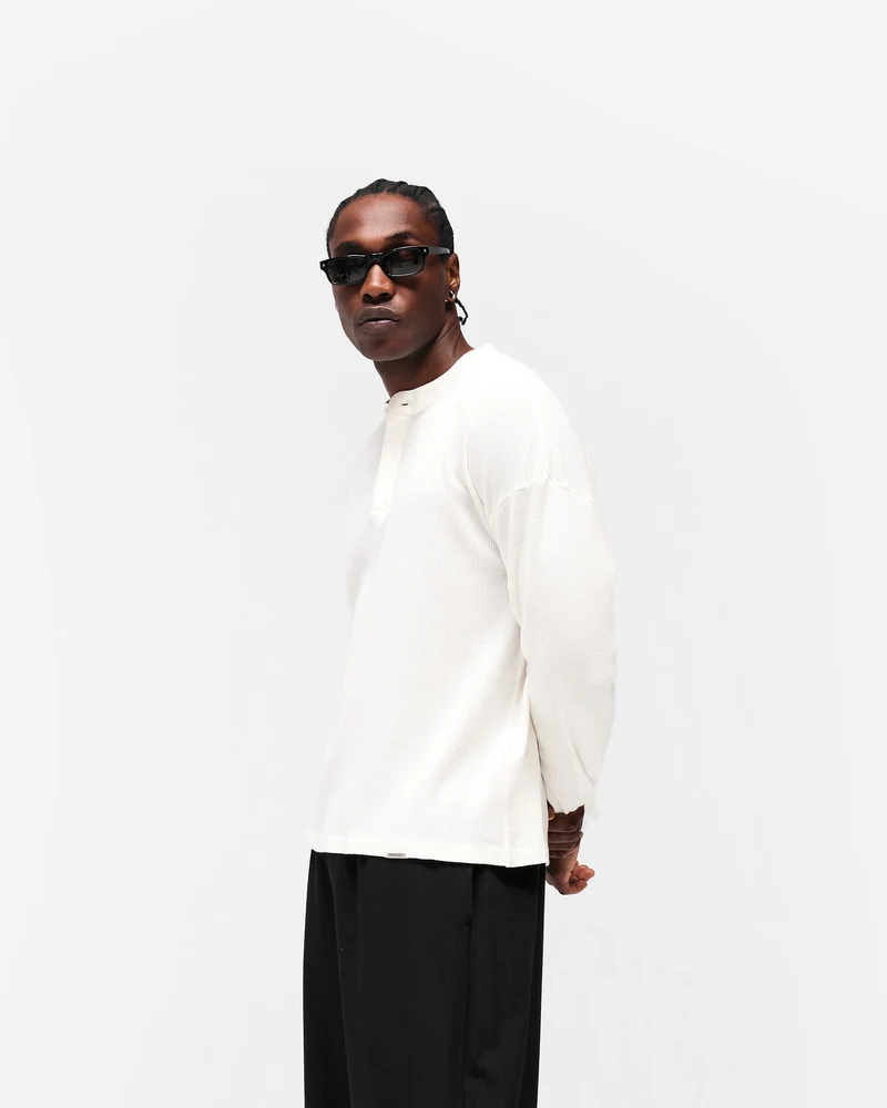 Initial Henley Waffle Long Sleeve T-Shirt - Flat White