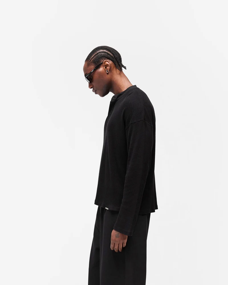 Initial Henley Waffle Long Sleeve T-Shirt - Jet Black