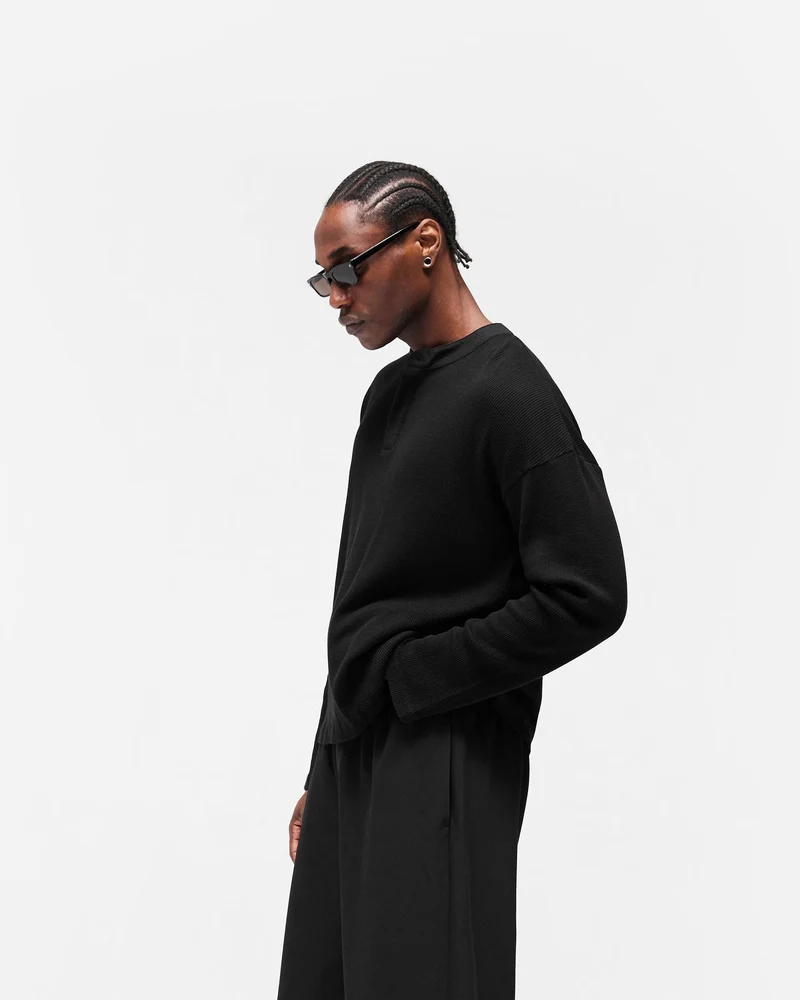 Initial Henley Waffle Long Sleeve T-Shirt - Jet Black