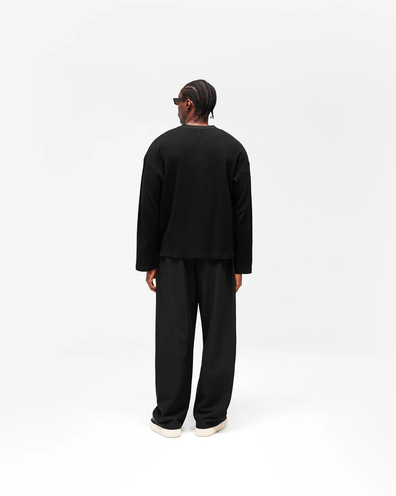 Initial Henley Waffle Long Sleeve T-Shirt - Jet Black