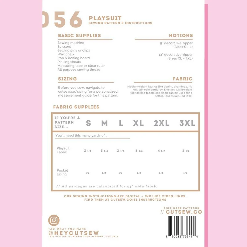 PATRON DE COUTURE PDF | 056 Combinaison | CUT/SEW | ANGLAIS SEULEMENT | A4 SEULEMENT