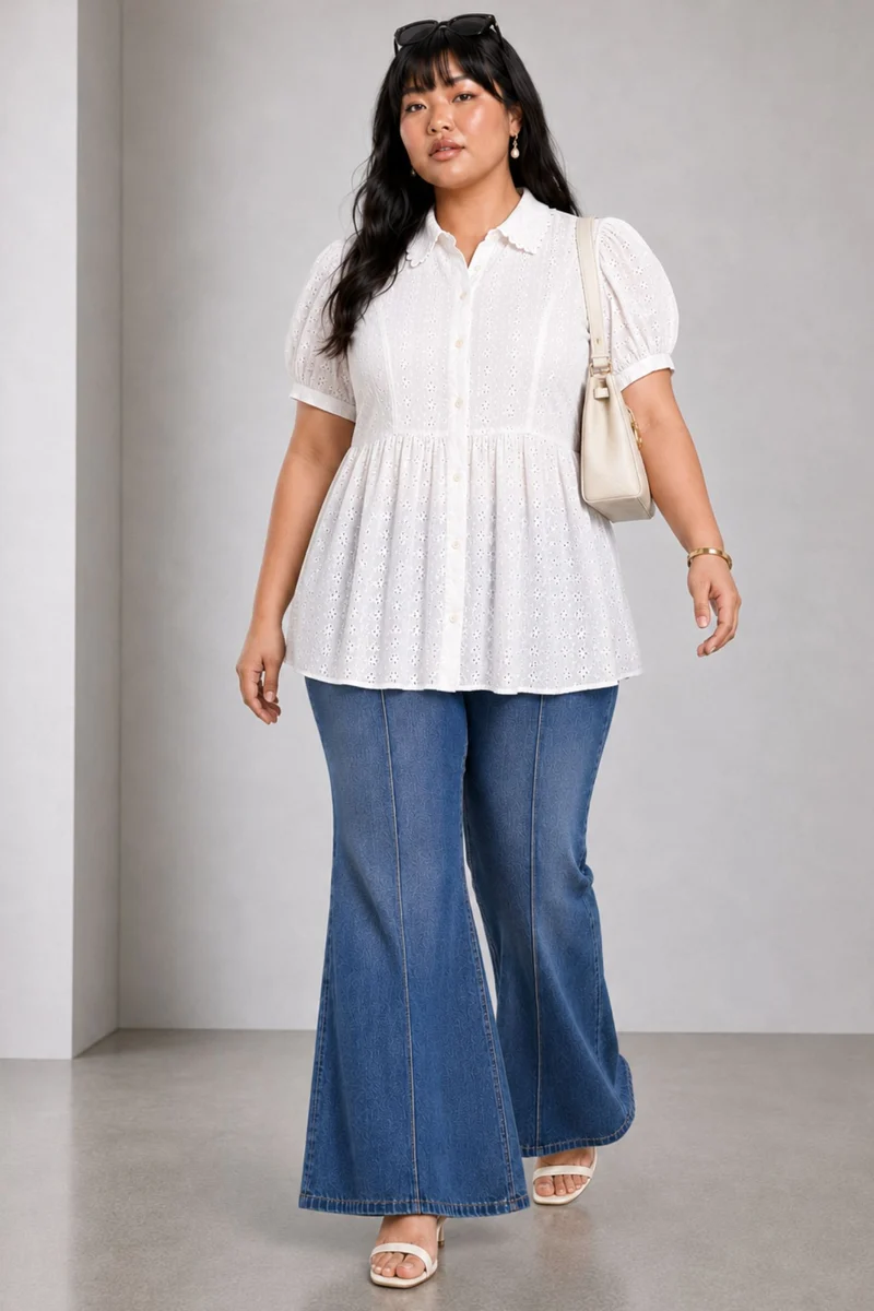Pella|Cotton Schiffli Peplum Collared Top