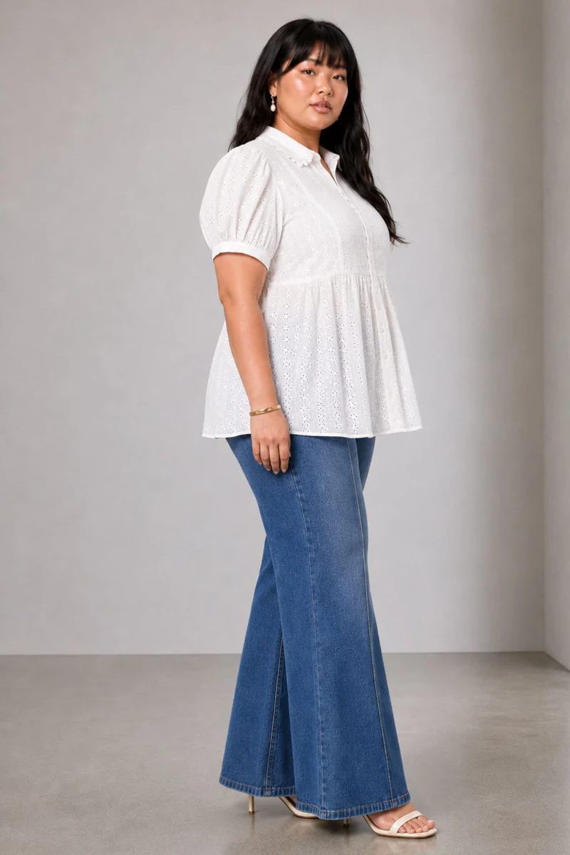 Pella|Cotton Schiffli Peplum Collared Top