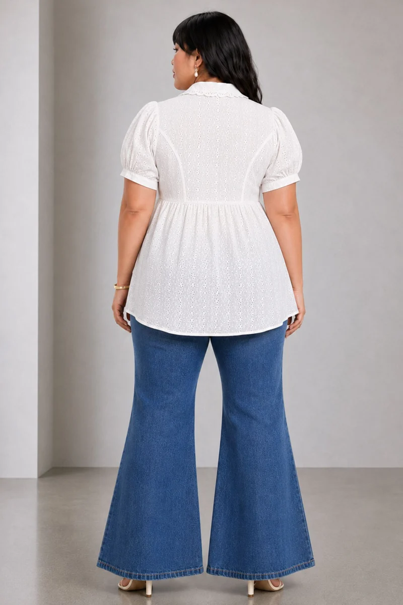 Pella|Cotton Schiffli Peplum Collared Top