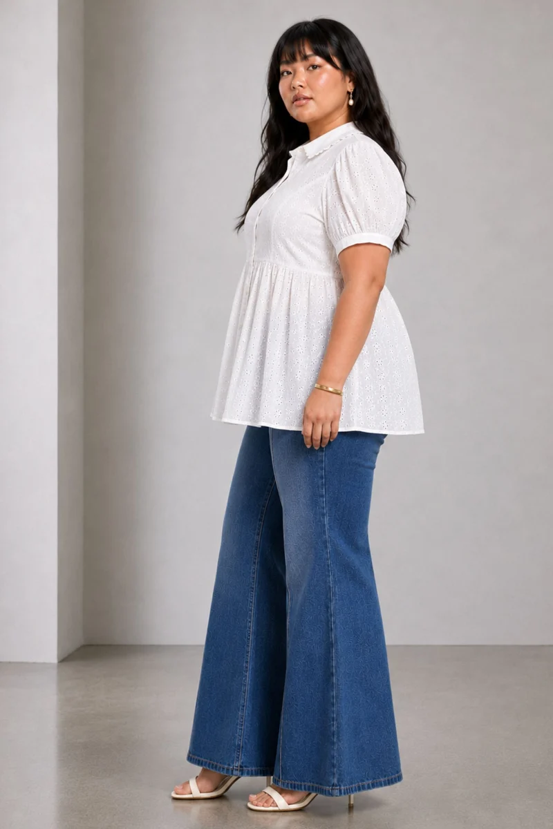 Pella|Cotton Schiffli Peplum Collared Top