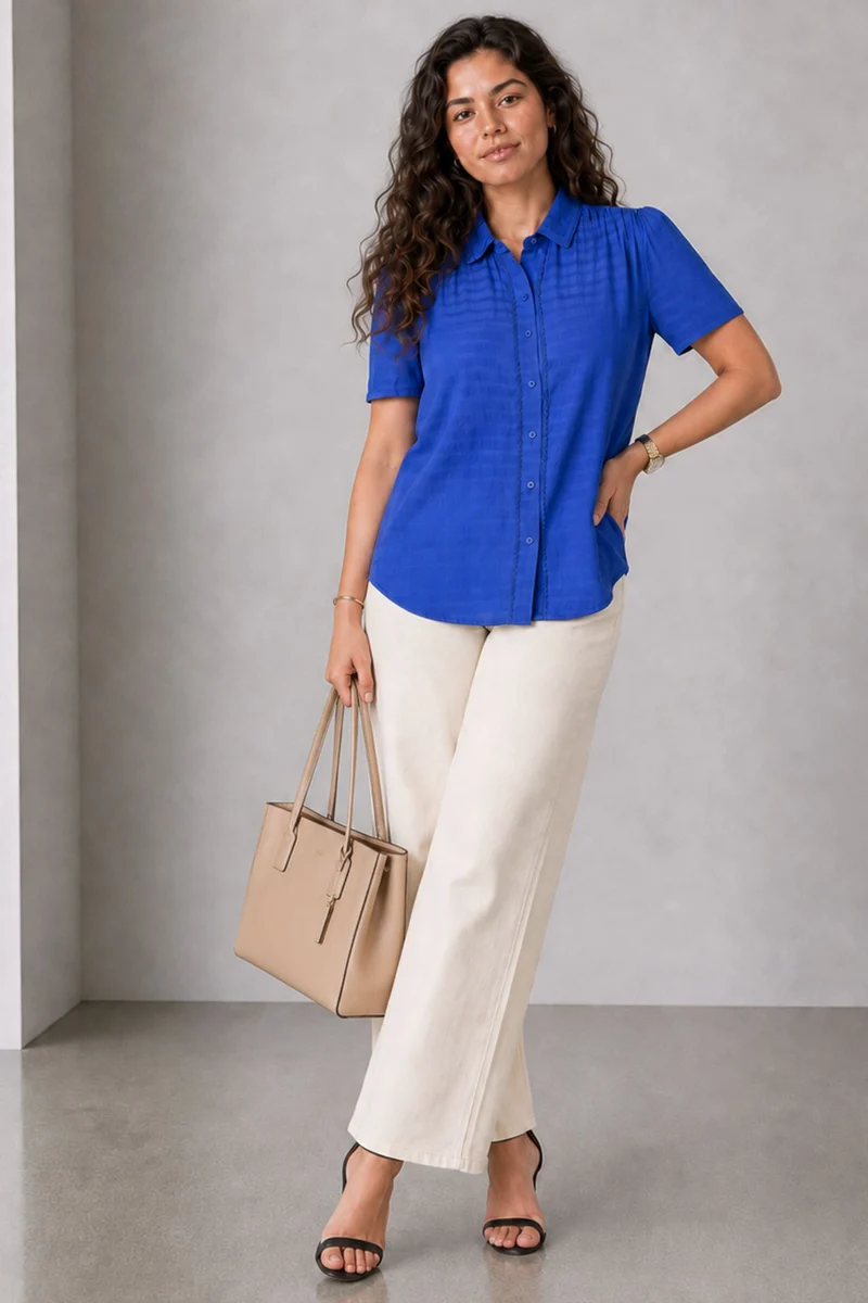 Delyn|Blue Crinkled Cotton Lace Trim Shirt