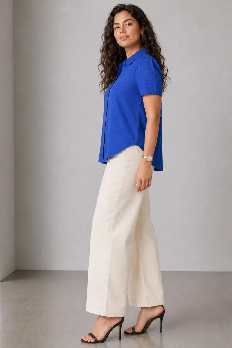 Delyn|Blue Crinkled Cotton Lace Trim Shirt