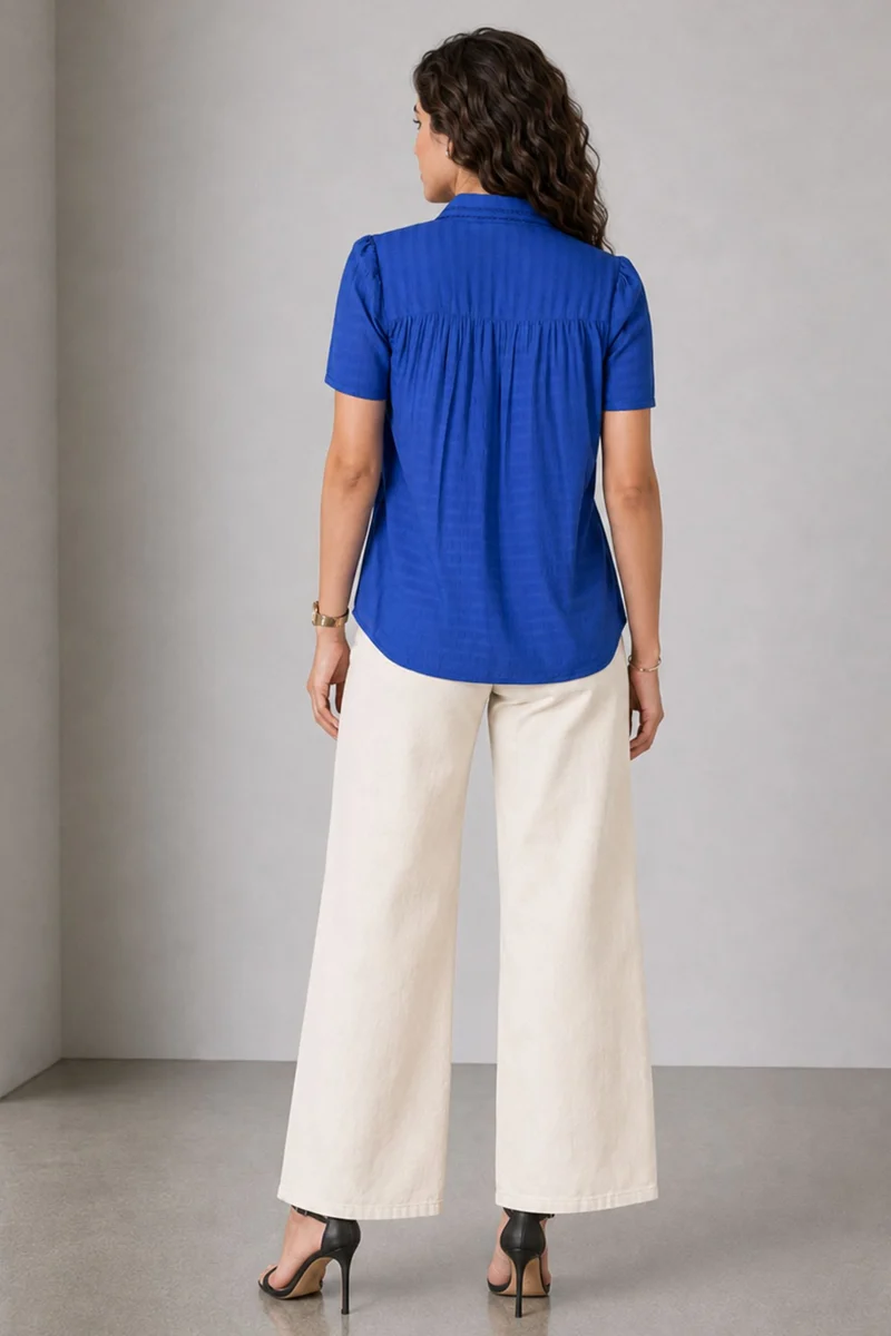 Delyn|Blue Crinkled Cotton Lace Trim Shirt
