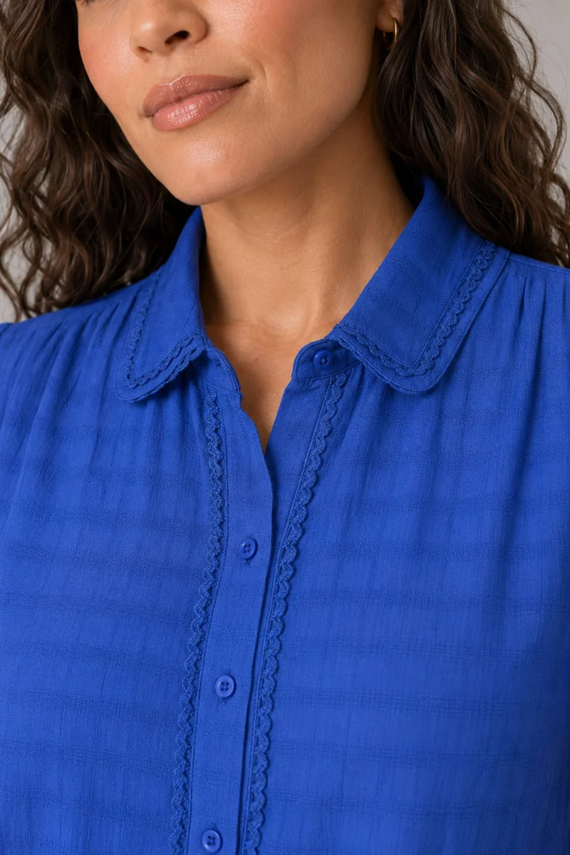 Delyn|Blue Crinkled Cotton Lace Trim Shirt