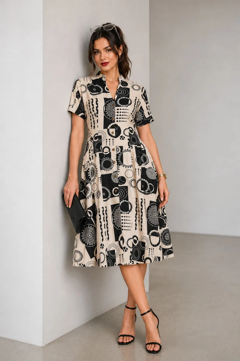 Avelle|Cotton Vneck Panelled Midi Dress