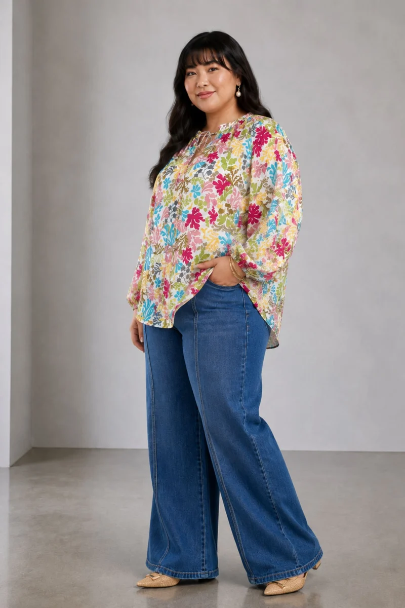 Neria|Cotton Ruffle Split Vneck Top
