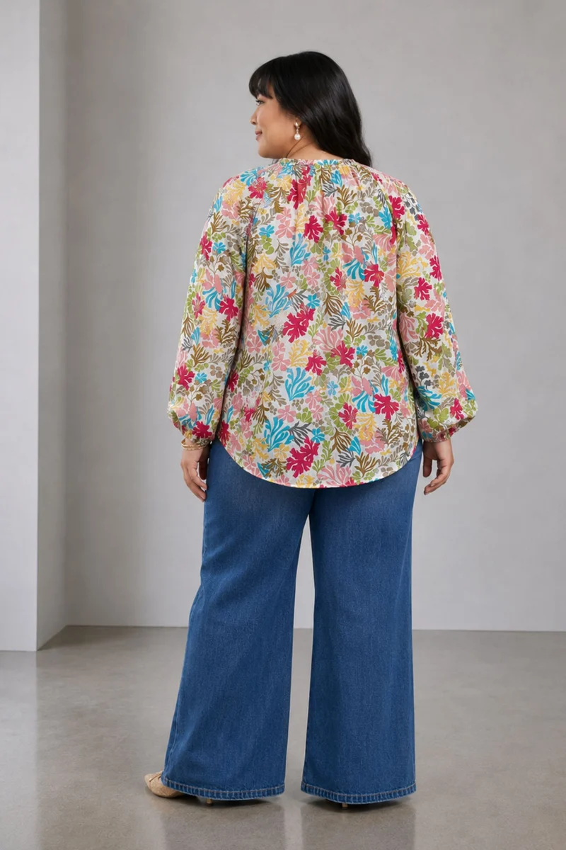 Neria|Cotton Ruffle Split Vneck Top