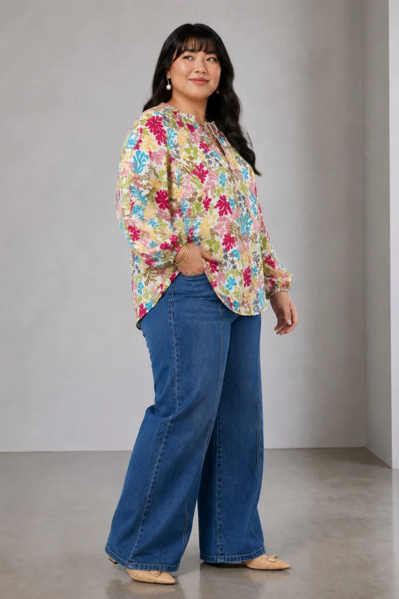 Neria|Cotton Ruffle Split Vneck Top